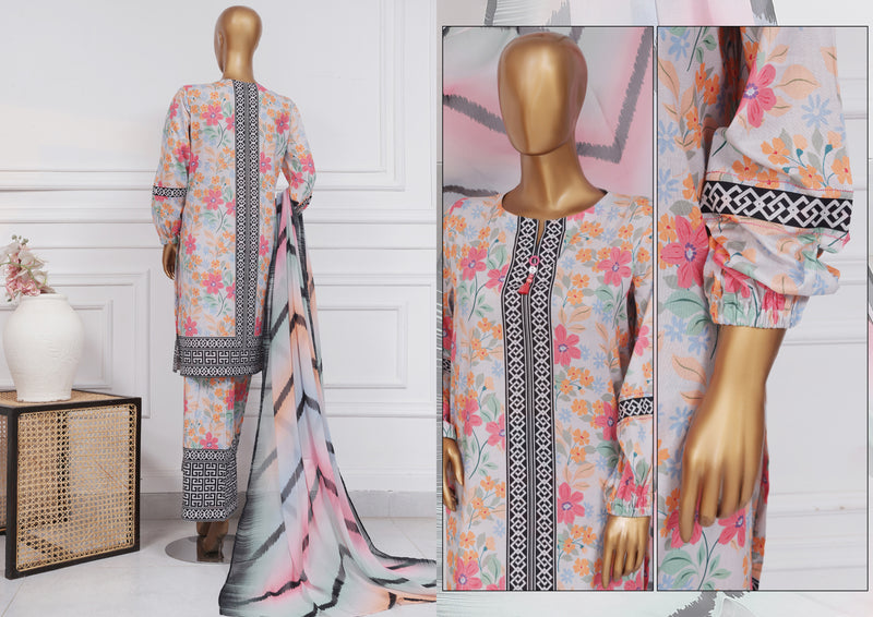 Lawn - Stitched printed 3 piece with chiffon dupatta - Floral Hues