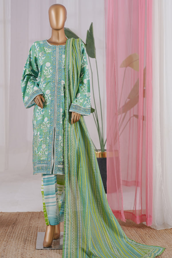Lawn - Stitched Embroidered 3piece with Zari work & Lace work - Green