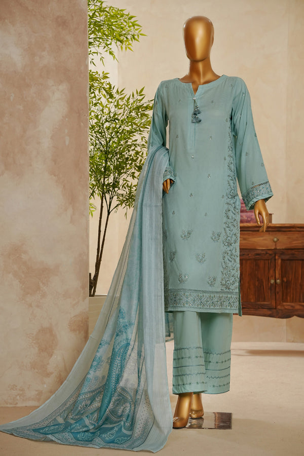 Lawn Jacquard - Stitched Embroidered 3 piece with lace work - Sapphire Blue