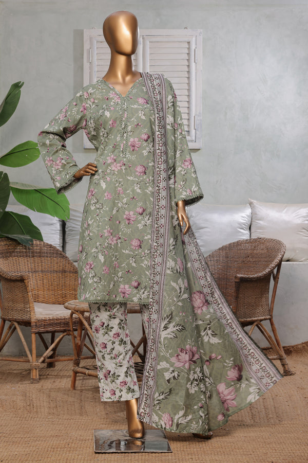 Lawn - Stitched printed 3piece with Lace work - Dull Green