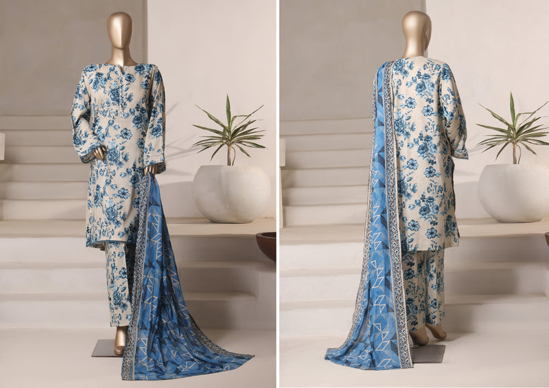 Cambric - Stitched printed 3piece with Lace work - Cream Blue