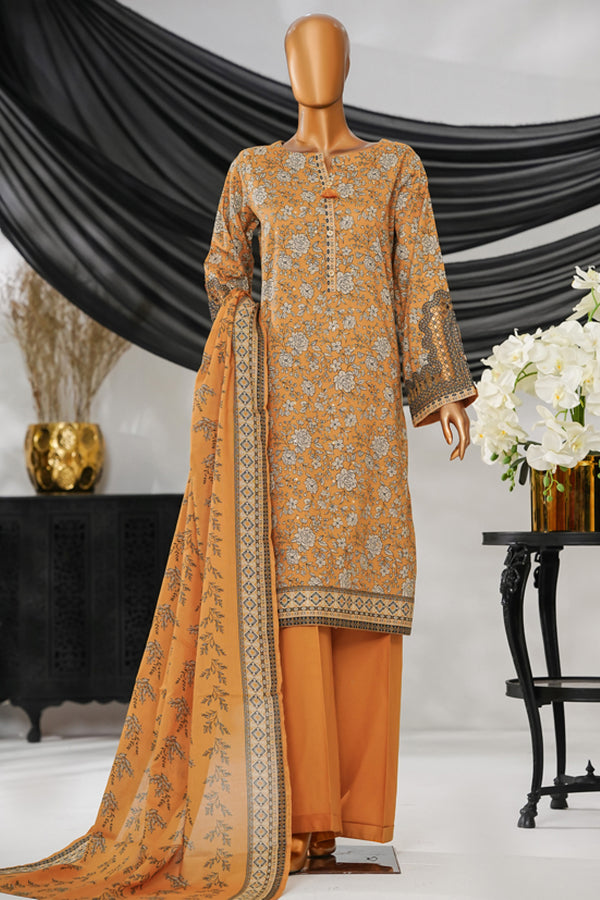 Cotton | Cambric - Stitched Embroidered 3piece with Lace work - Mustard
