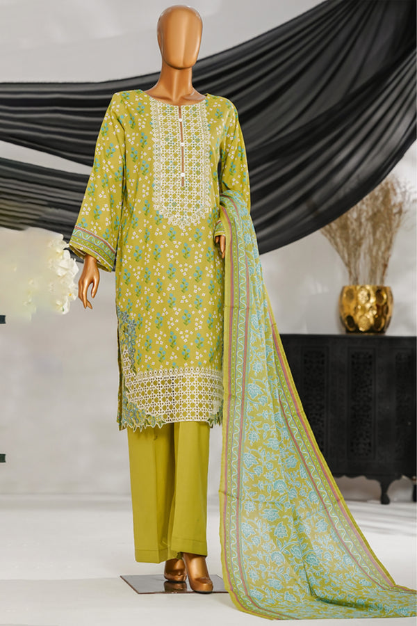 Cotton | Cambric - Stitched Embroidered 3piece with Lace work - Parrot Green