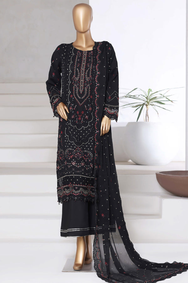 Chiffon - Stitched Formal Embroidered 3piece with Hand work - Black