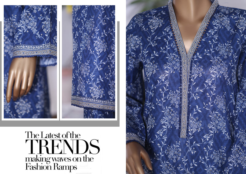 Khaddar Co-Ords - Stitched printed Kurti & trouser with Lace work - Blue