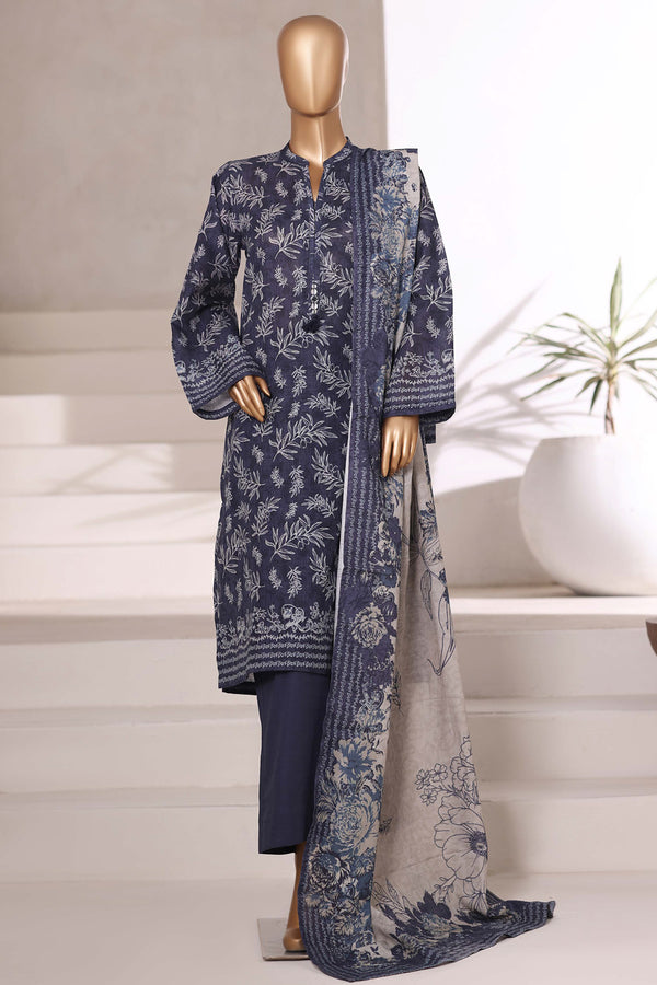 Khaddar - Stitched printed 3piece with Lace work - Dark Blue