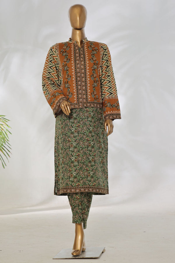 Khaddar Co-ords with coat - Stitched Printed Kurti & Trouser with Coat - Green