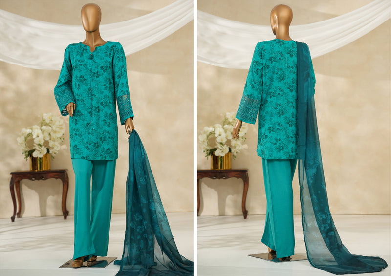 Cambric | Cotton - Stitched printed embroidered silk 3piece with Boring, Cutwork & Mirror work - Turquise