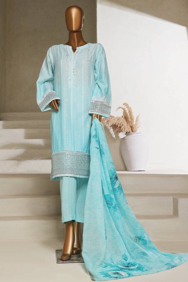Lawn - Embroidered jacquard 3piece with Lace work - Pastel Blue