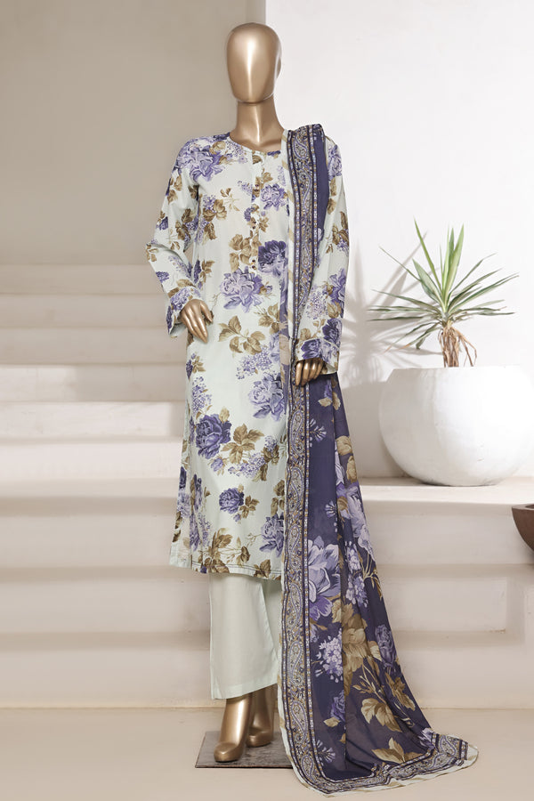 Lawn - Stitched printed 3piece with Lace work - White & Light purple