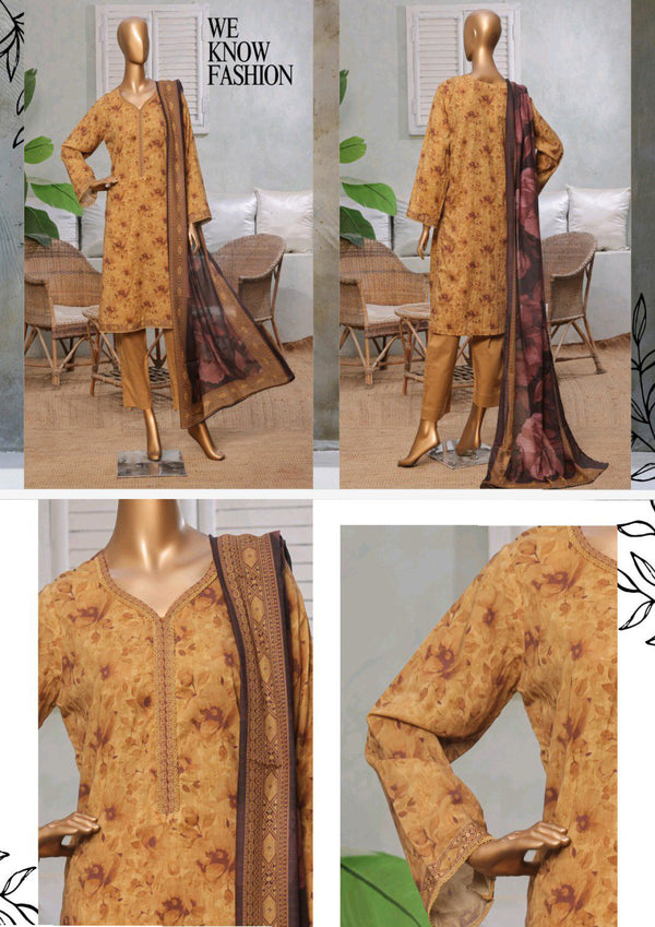 Lawn - Stitched printed 3piece with Lace work - Mustard