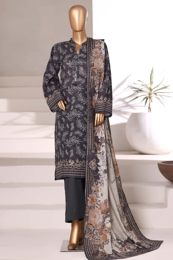 Khaddar - Stitched printed 3piece with Lace work - Black