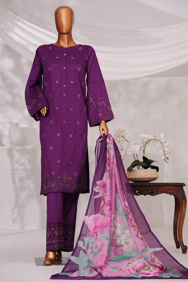 Cambric | Cotton - Stitched Embroidered Printed 3piece with Nannokara Dupatta - Purple