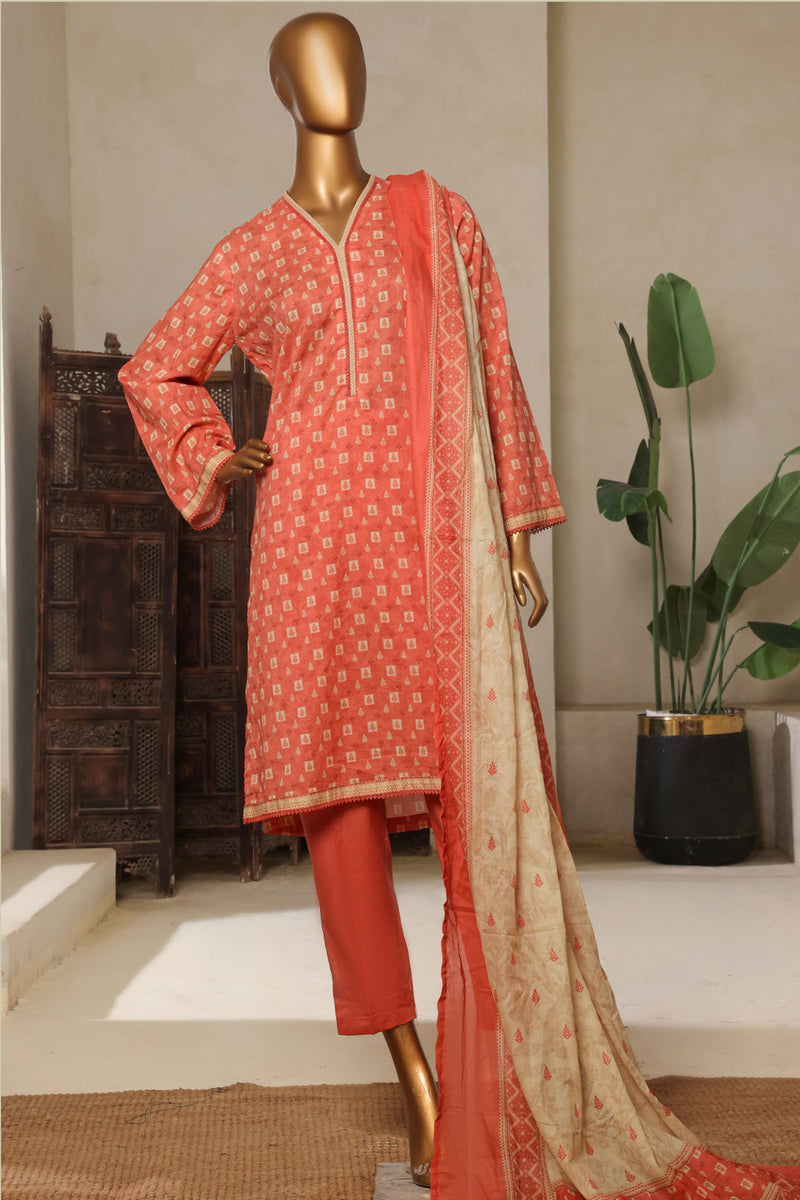 Lawn - Stitched printed 3piece with Lace work - Orange