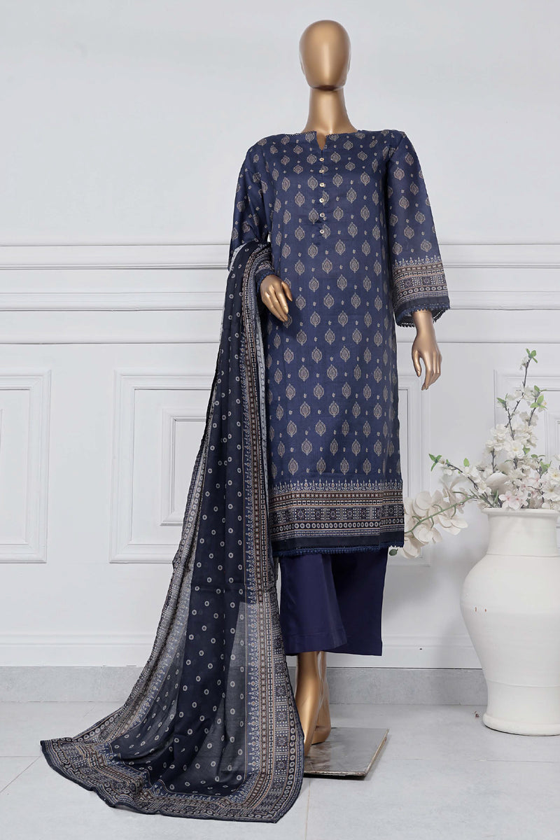 Lawn - Stitched Printed 3piece with Lace work - Blue