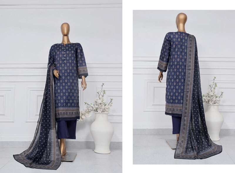 Lawn - Stitched Printed 3piece with Lace work - Blue