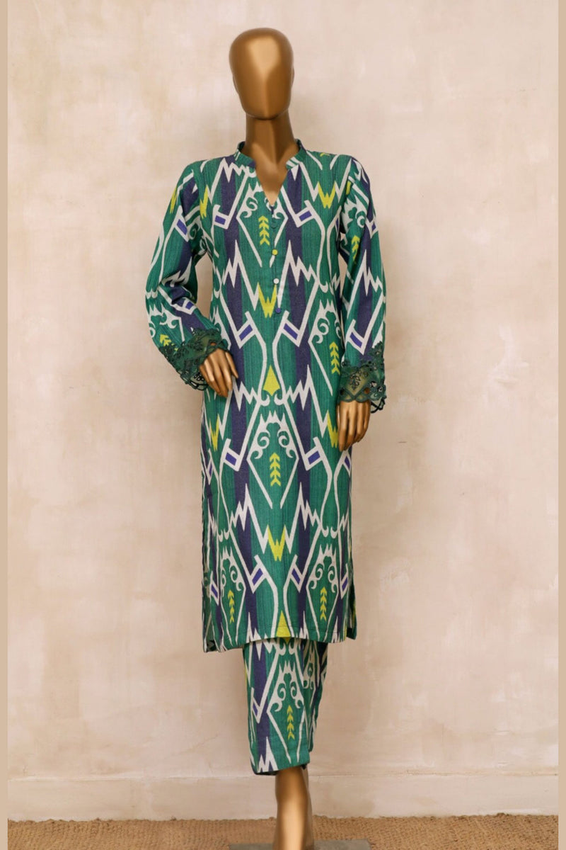Karandi Co-ords - Stitched Printed Kurti & Trouser with Embroidered Cutwork on Sleeves - Green