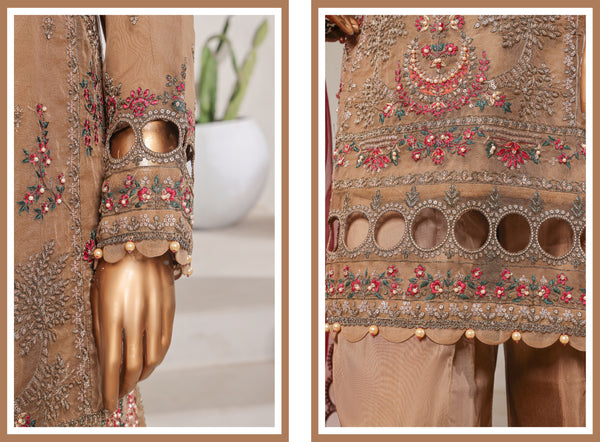 Organza - Stitched Embroidered 3piece with Hand work - Brown