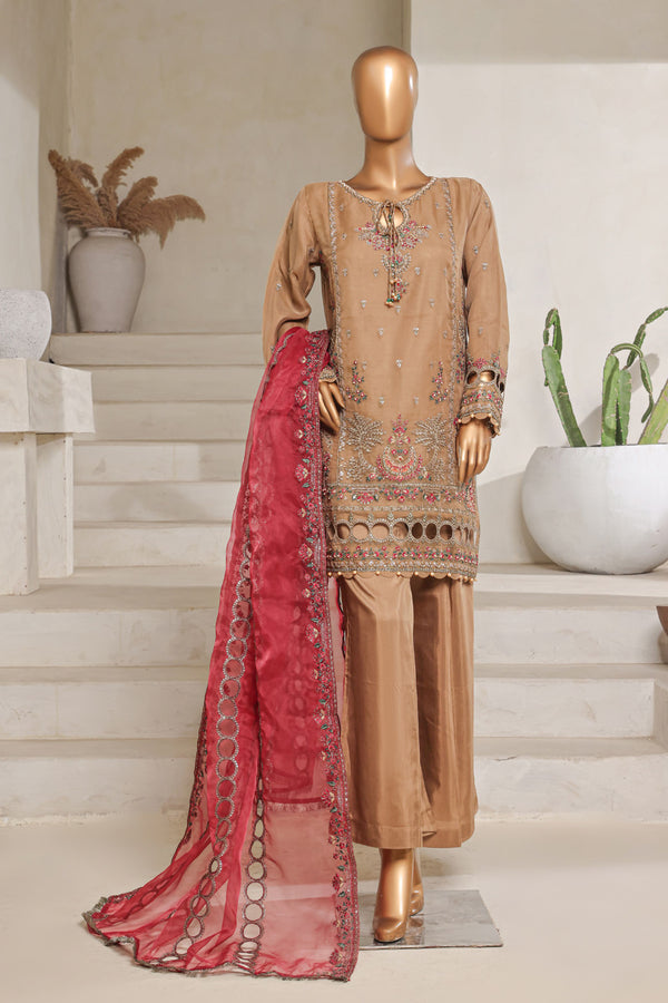 Organza - Stitched Embroidered 3piece with Hand work - Brown