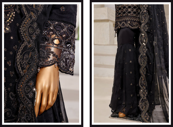 Chiffon - Stitched formal 3piece with Handwork - Black