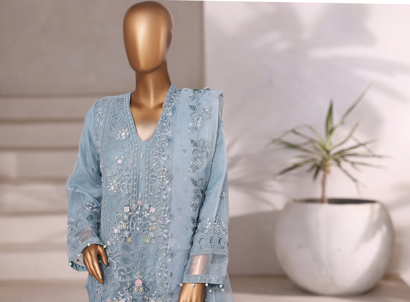 Organza - Stitched Embroidered 3piece with Hand work - Light Blue