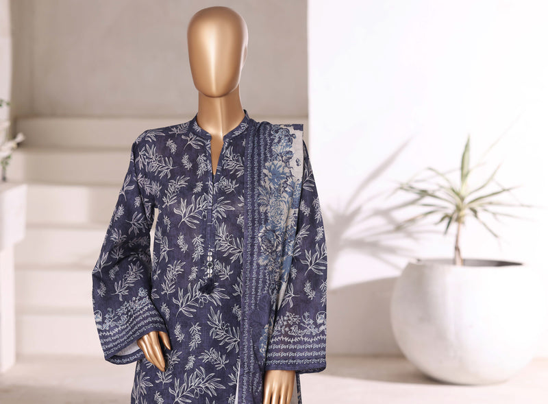 Khaddar - Stitched printed 3piece with Lace work - Dark Blue
