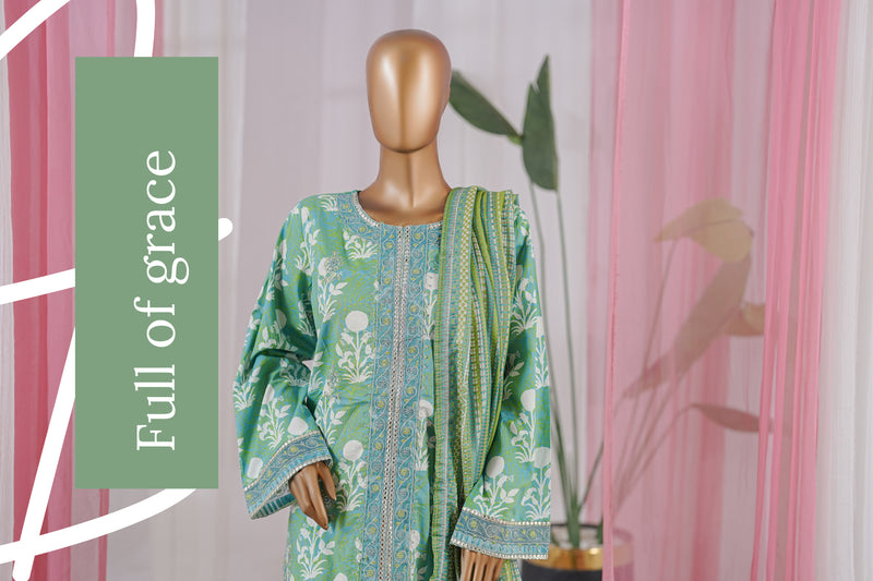 Lawn - Stitched Embroidered 3piece with Zari work & Lace work - Green
