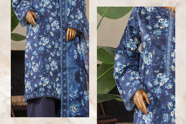 Lawn - Stitched printed 3piece with Farshi shalwar - Blue