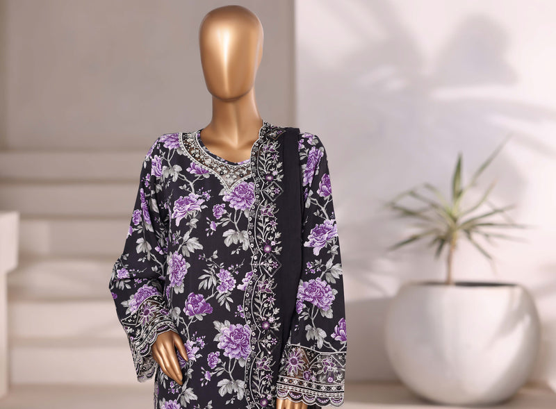 Luxury viscose - Stitched Embroidered 3piece with Chiffon embroidered Dupatta - Black
