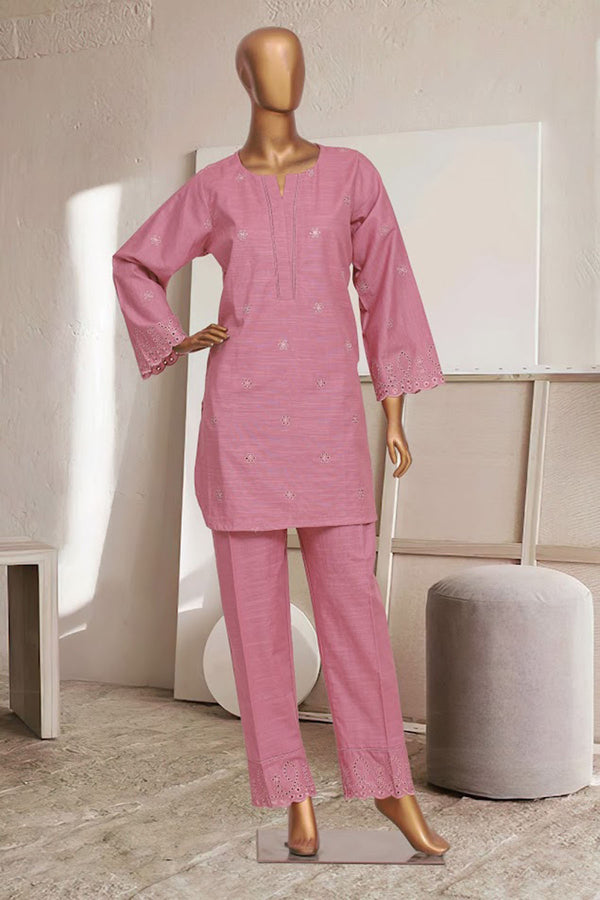 Khaddar Chikan-kari Co-ords - Stitched Kurti & Trouser with schiffli work - Pink