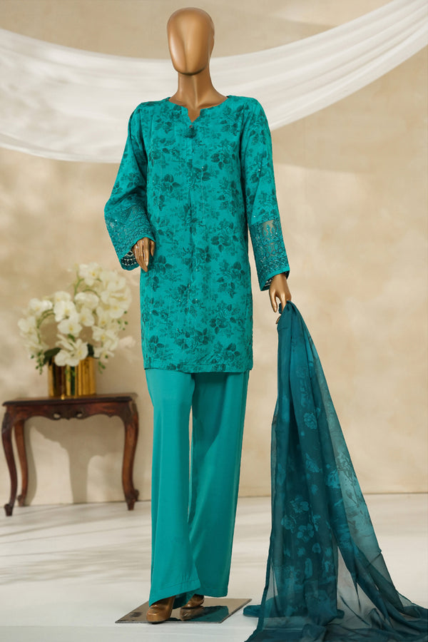 Cambric | Cotton - Stitched printed embroidered silk 3piece with Boring, Cutwork & Mirror work - Turquise