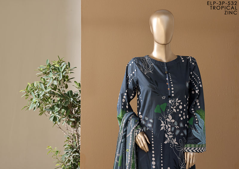 Cambric | Cotton - Stitched printed 3piece with Bamber chiffon Dupatta - Navy Blue
