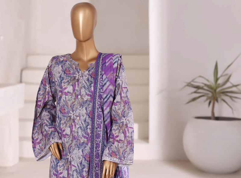 Khaddar - Stitched Embroidered 3piece collection with Lace work - Purple