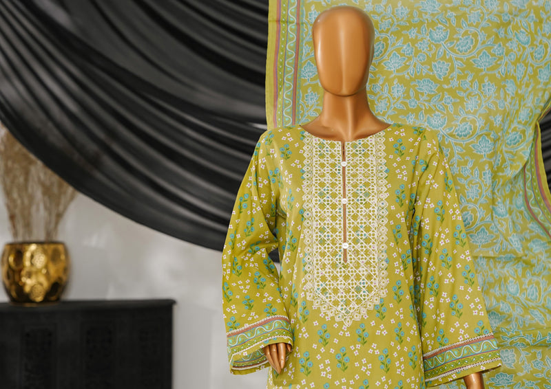 Cotton | Cambric - Stitched Embroidered 3piece with Lace work - Parrot Green