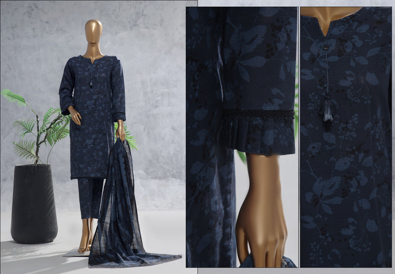 Khaddar - Stitched Printed 3 Piece Suit with Lace work - Midnight Blue