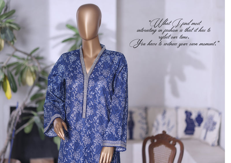 Khaddar Co-Ords - Stitched printed Kurti & trouser with Lace work - Blue