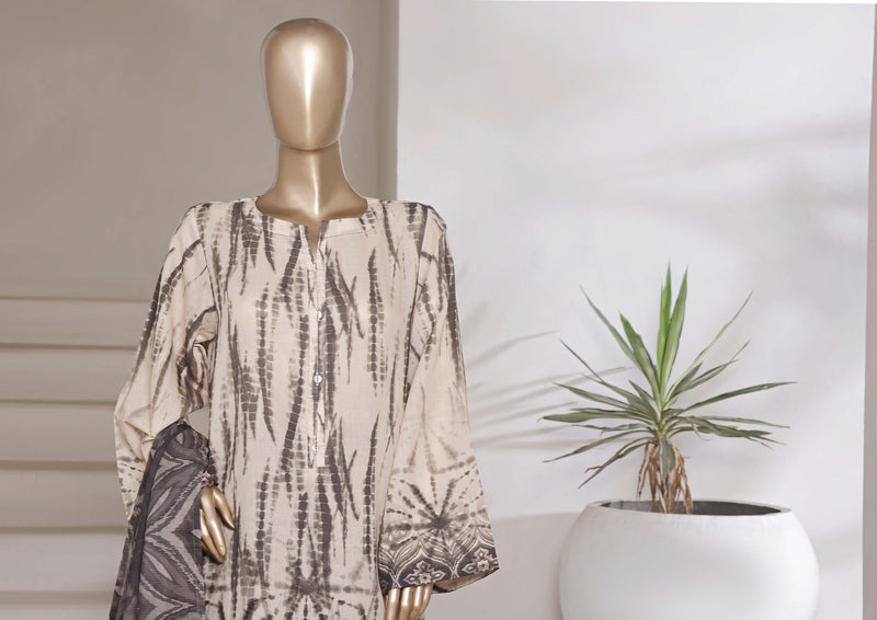 Cotton | Cambric - Ready to wear printed 3piece in tie & Dye Style - Light Brown