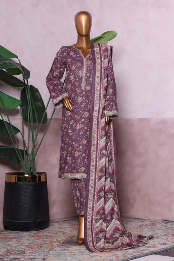 Khaddar - Stitched printed 3piece with Lace work - Dull Pink