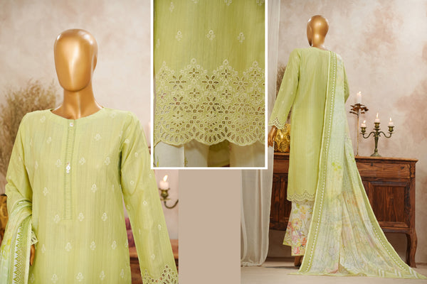 Lawn Slub - Stitched Chikankari Embroidered 3piece with Lace work - Green