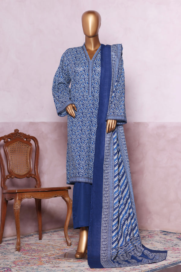 Khaddar - Stitched printed 3piece with Lace work - Blue