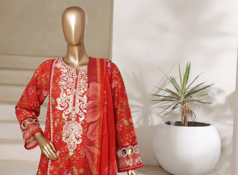 Lawn - Stitched Digital Printed Embroidered 3piece with Lace work - Red