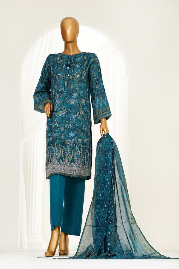 Lawn PrintKari - Stitched Embroidered 3piece with Lace work - Turquoise