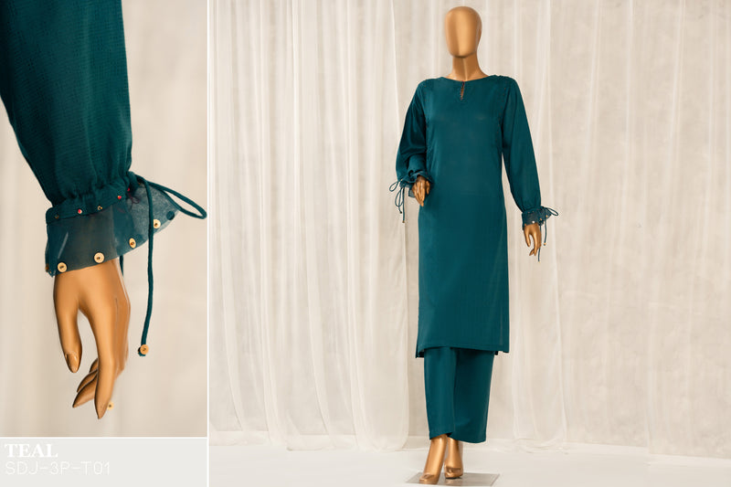 Lawn Jacquard - Stitched Jacquard Shirt with Highlights of Hand Touching Embellishment - Teal