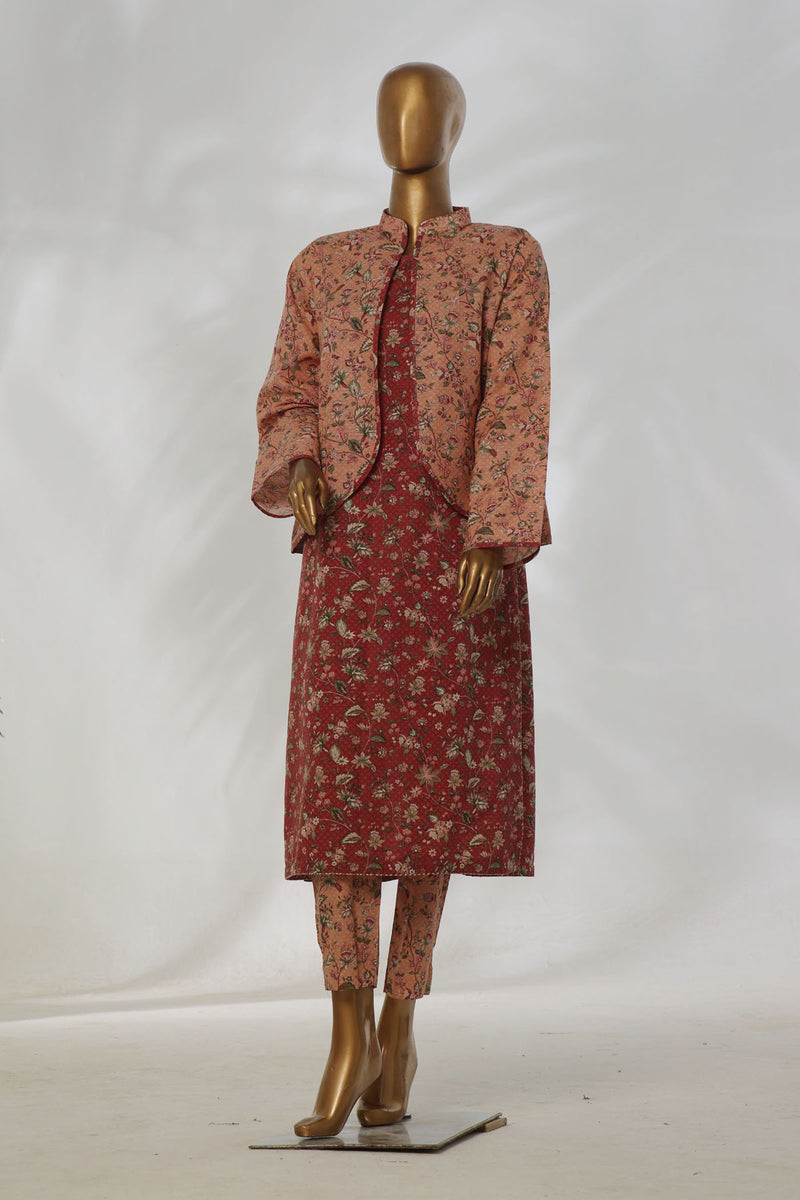 Khaddar Co-ords with coat - Stitched Printed Kurti & Trouser with Coat - Maroon