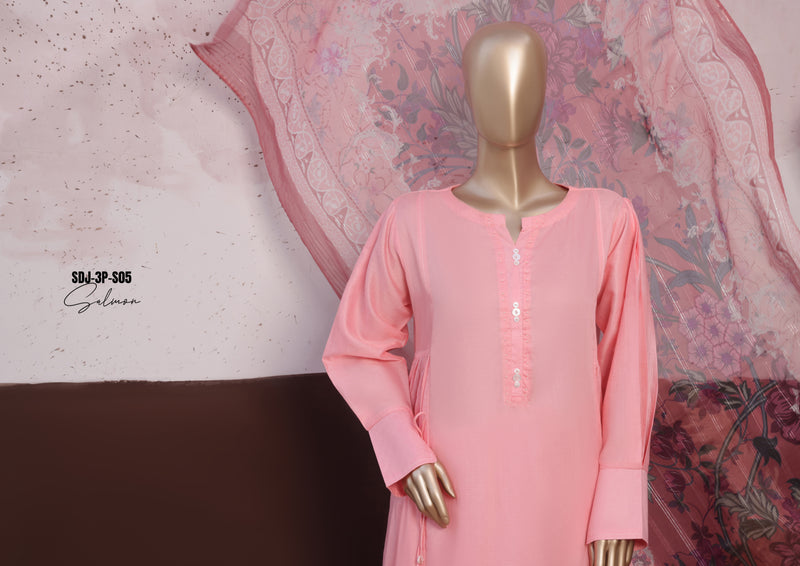 Cambric - Stitched printed 3piece with Lace work - Salmon