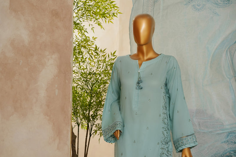 Lawn Jacquard - Stitched Embroidered 3 piece with lace work - Sapphire Blue