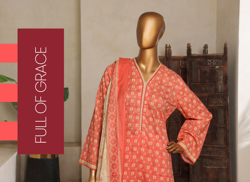 Lawn - Stitched printed 3piece with Lace work - Orange