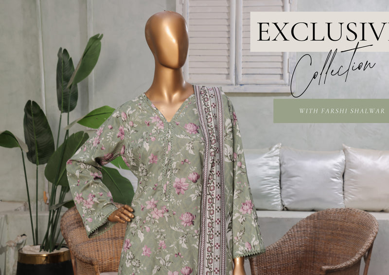 Lawn - Stitched printed 3piece with Lace work - Dull Green