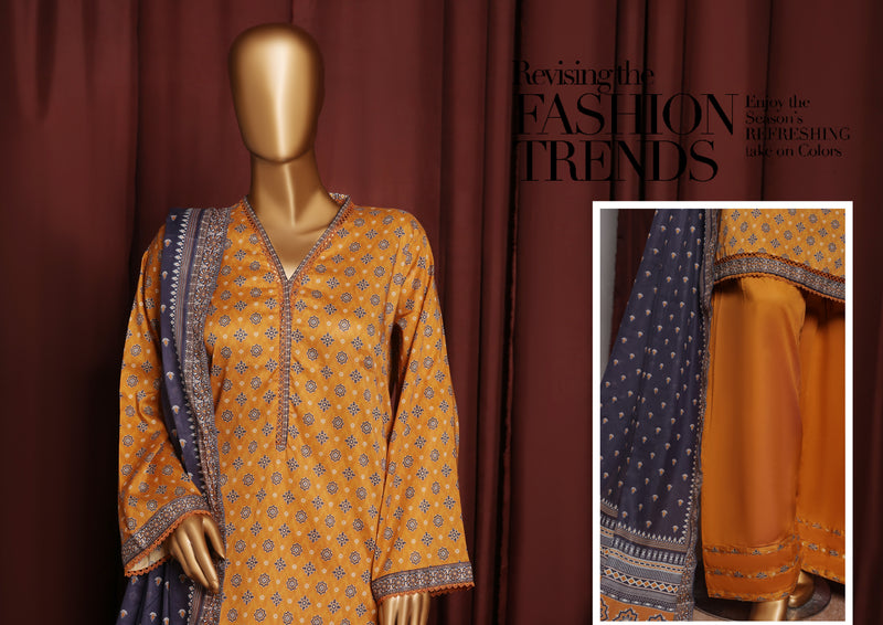 Lawn - Stitched printed 3piece with Farshi Shalwar - Yellow