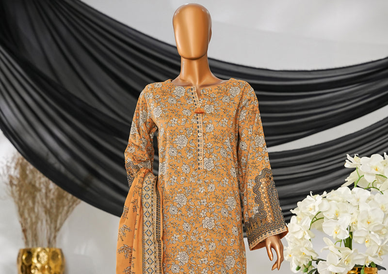 Cotton | Cambric - Stitched Embroidered 3piece with Lace work - Mustard
